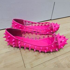 Unique Punk Goth POSH Neon Hot Pink Spiked Studded Clear Flats Shoes 7 8 New